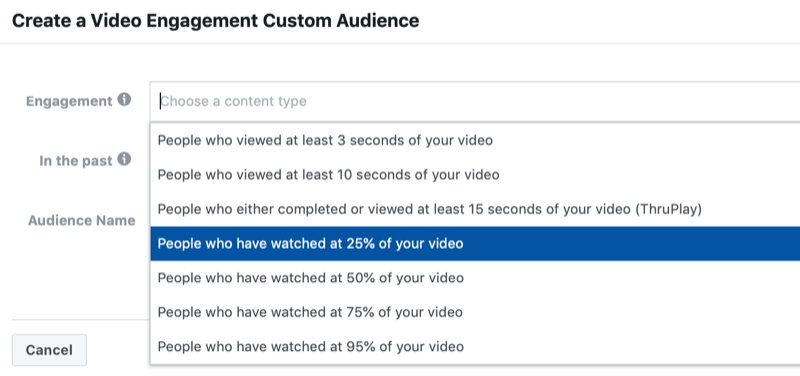 dialoogvenster om een ​​aangepast publiek voor Facebook-video-engagement te maken