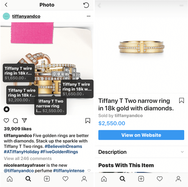Hoe u uw Instagram-foto's kunt verbeteren, shoppable image-post van Tiffany & Co.