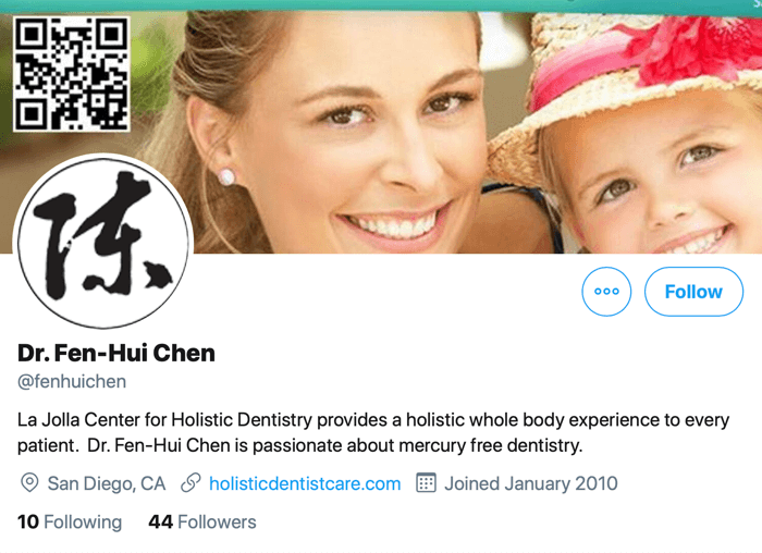 screenshot van twitter profiel voor @fenhuichen met een link naar haar website waar contactgegevens en het boeken van afspraken beschikbaar zijn