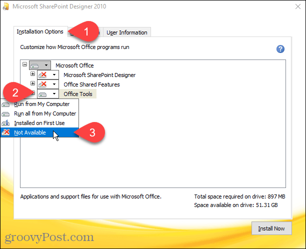 Selecteer Niet beschikbaar voor alle modules in de installatie van Sharepoint Designer 2010