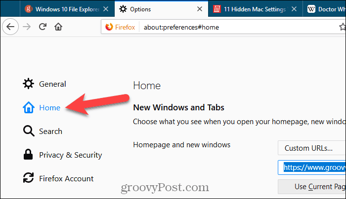 Klik op Home op de pagina Instellingen in Firefox