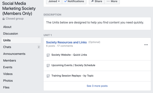 Hoe Facebook Groups-functies te gebruiken, voorbeeld van groepseenheden voor Social Media Marketing Society 