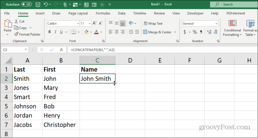 met aaneenschakeling voor namen in Excel