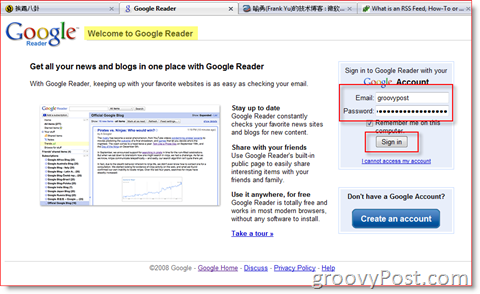 Inlogpagina van Google Reader:: groovyPost.com