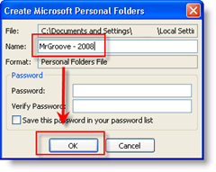 Geef uw .PST-bestand een naam, selecteer een wachtwoord en klik op OK afbeelding:: groovyPost.com
