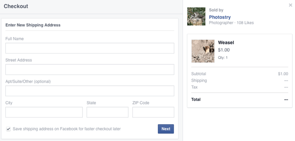 klant voert verzendgegevens in voor eerste Facebook-aankoop