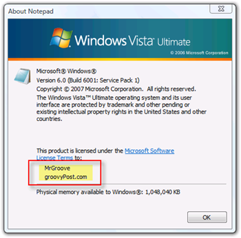 Eigenaar en organisatie weergeven voor Windows Vista