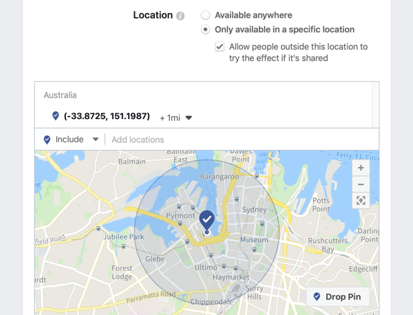Hoe u uw live-evenement op Facebook kunt promoten, stap 3, optie om een ​​locatiespecifiek Facebook-frame te maken en de locatieradius aan te passen