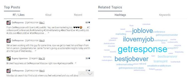 Keyhole geeft gerelateerde hashtags en trefwoorden weer in een tagwolk, waardoor je een visueel begrip krijgt van de onderwerpen en tags die vaak worden geassocieerd met je Instagram-inhoud.