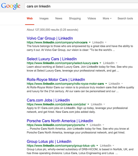 linkedin bedrijfspagina resultaten in google zoekresultaten voor auto's op linkedin