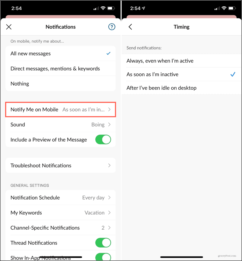 Melding inactieve timing in Slack Mobile
