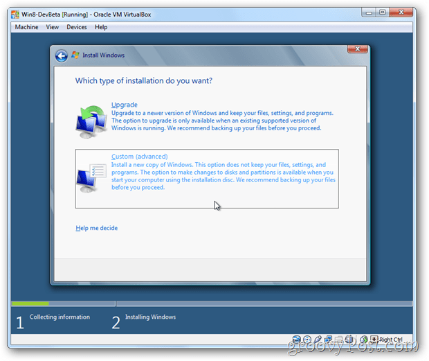 VirtualBox Windows 8 kiest voor aangepaste installatie
