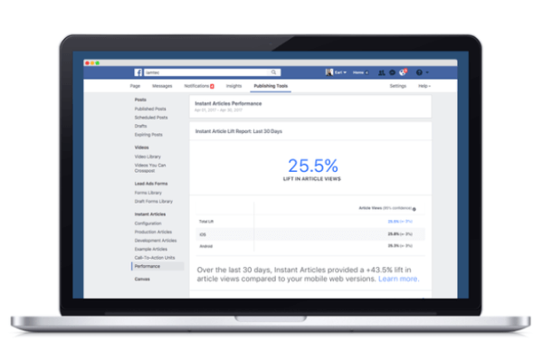 Facebook heeft een nieuwe analysetool uitgerold die vergelijkt hoe inhoud die via het Instant Articles-platform van Facebook wordt gepubliceerd, presteert in vergelijking met andere mobiele web-equivalenten.