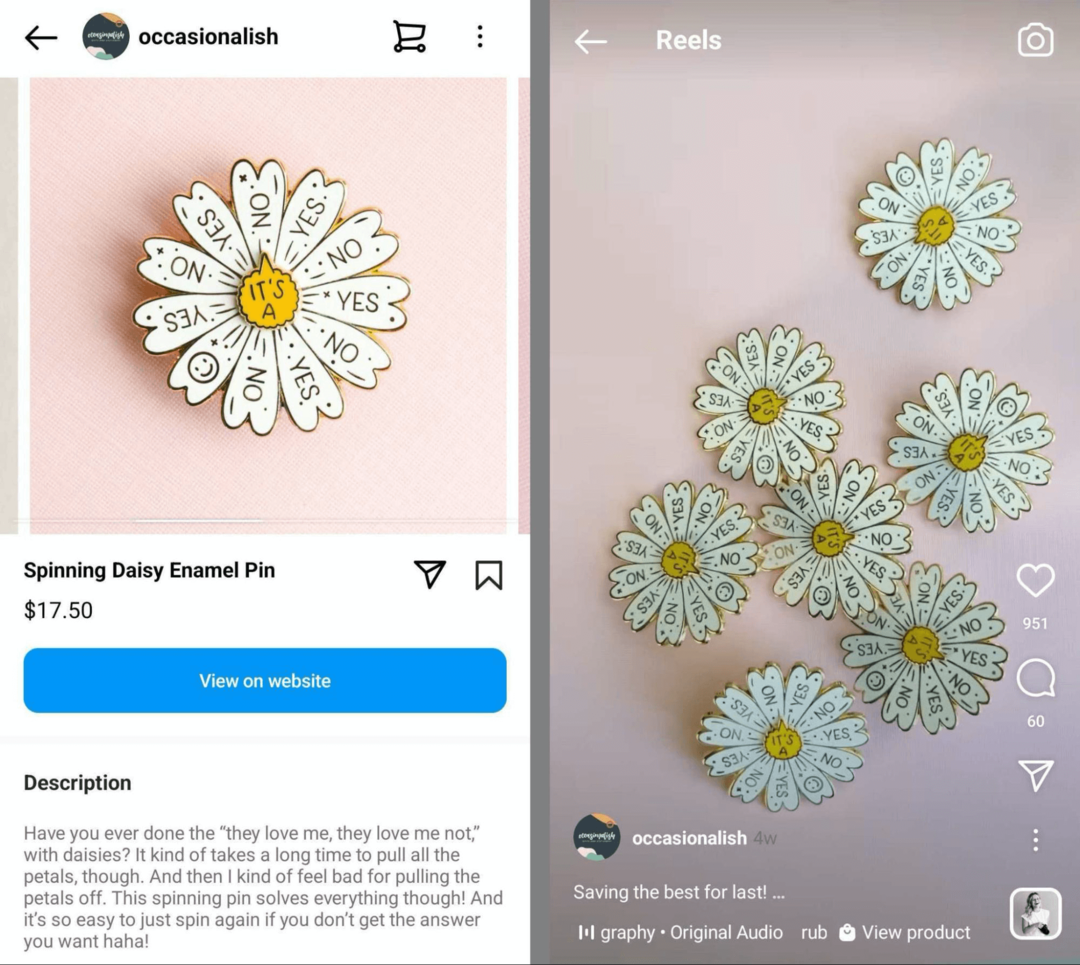 afbeelding van hetzelfde product in een Instagram-winkel en Instagram-reel