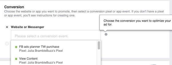 Wanneer u een advertentiecampagne voor websiteconversies opzet, selecteert u de pixel die wordt gebruikt om conversies bij te houden.