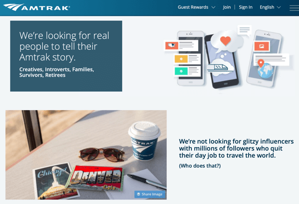 Hoe betaalde social influencers te rekruteren, voorbeeld van Amtrak social media residency-programma