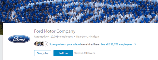 De LinkedIn-pagina van Ford Motor Company bevat relevante afbeeldingen en up-to-date details.