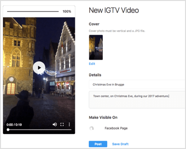Voeg een titel en een bureaublad toe voor een IGTV-video die op een desktop is geüpload.