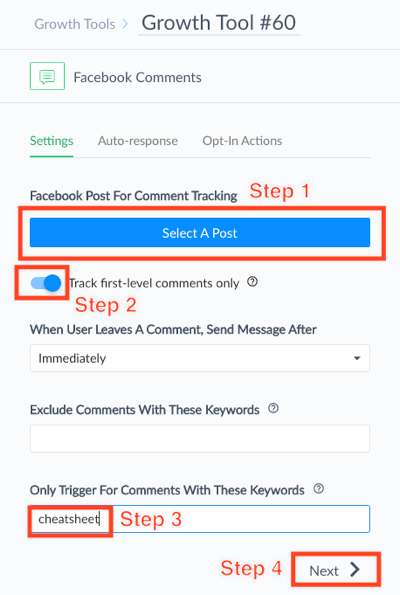 Selecteer uw Facebook Live-bericht en voer het trefwoord in dat kijkers moeten typen om uw aanbieding te ontvangen.