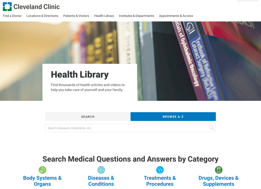 afbeelding van de Cleveland Clinic Health Library-website