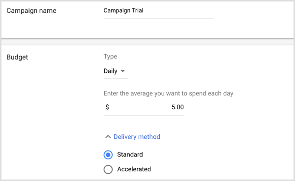 Voeg campagnenaam en budget toe in Google AdWords.