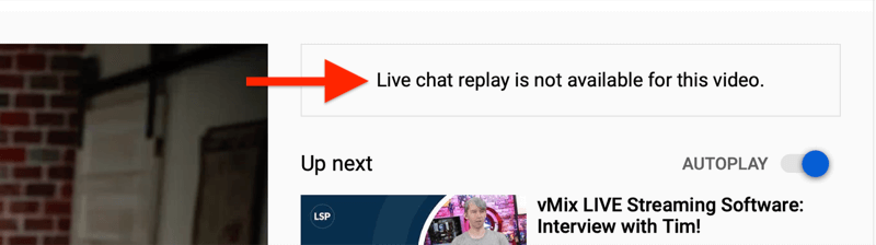 opmerking voor bijgesneden youtube-video dat het opnieuw afspelen van live chats niet beschikbaar is
