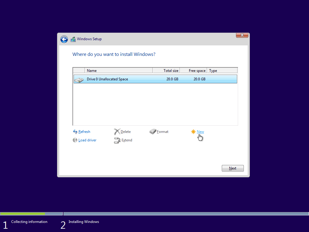 07 Maak een nieuwe partitie vanuit niet-toegewezen ruimte 5 Windows 10 Clean Install
