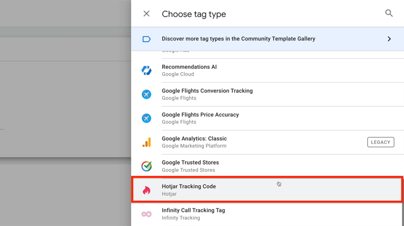nieuwe google tag manager-tag met menu-opties voor tagtype kiezen met gemarkeerde hotjar-trackingcode