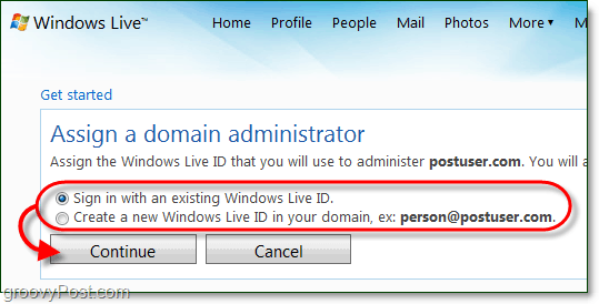 maak een windows live domein administrator account aan of gebruik een huidig ​​live account
