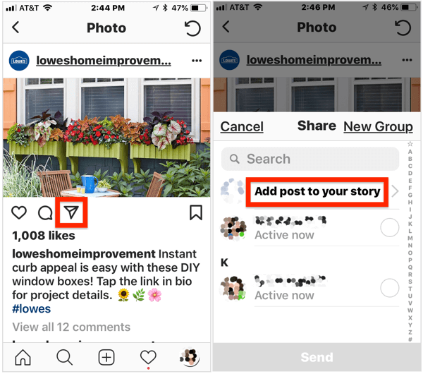 Om een ​​openbaar bericht aan je Instagram-verhaal toe te voegen, open je het bericht, tik je op het vliegtuigpictogram onder de afbeelding en selecteer je Post aan je verhaal toevoegen in het pop-upmenu.