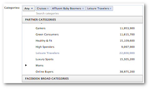 facebook partner categorieën selecteren