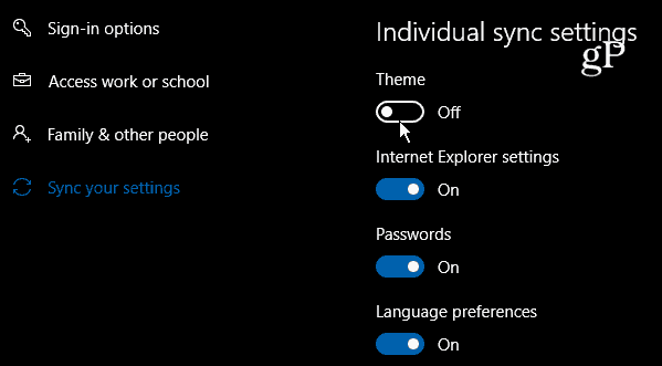 Windows 10 Individuele synchronisatie-instellingen