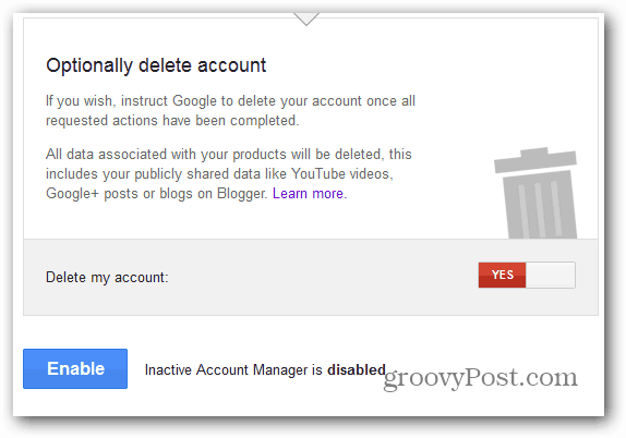 Google Inactive Account Manager schakelt verwijderen in