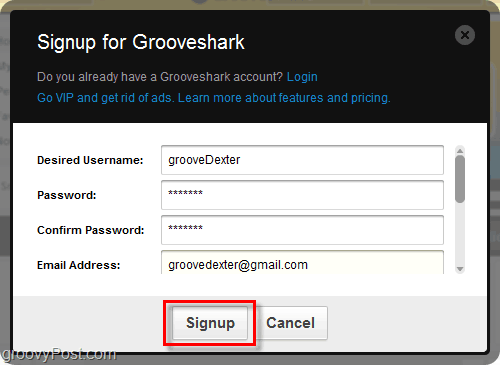 Aanmeldingsproces voor Grooveshark