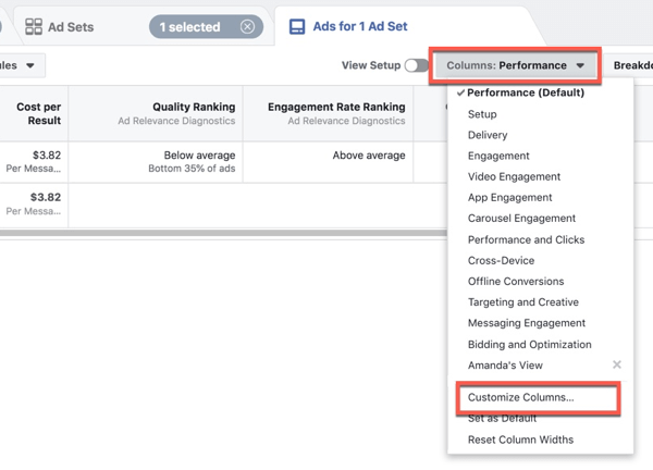 Facebook Ads Manager aanpassen om de kolommen aan te passen.