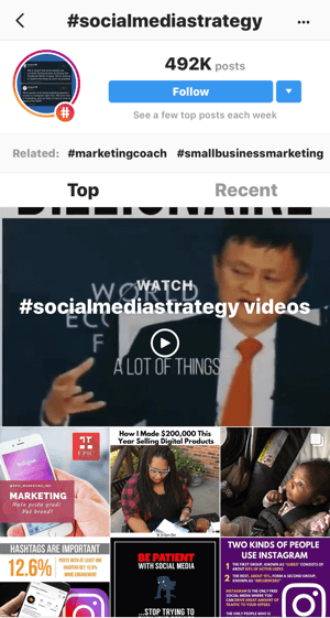 Hoe u uw Instagram strategisch kunt laten groeien door, stap 11, relevante voorbeeldberichten te vinden, voorbeeldzoekopdrachten voor '#socialmediastrategy'-video's