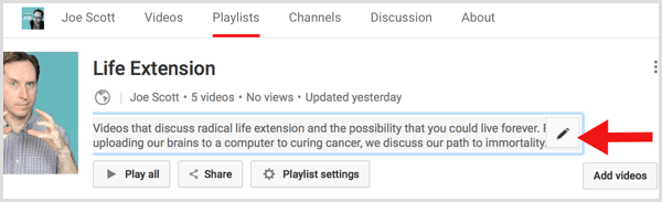 YouTube bewerkt de beschrijving van de afspeellijst
