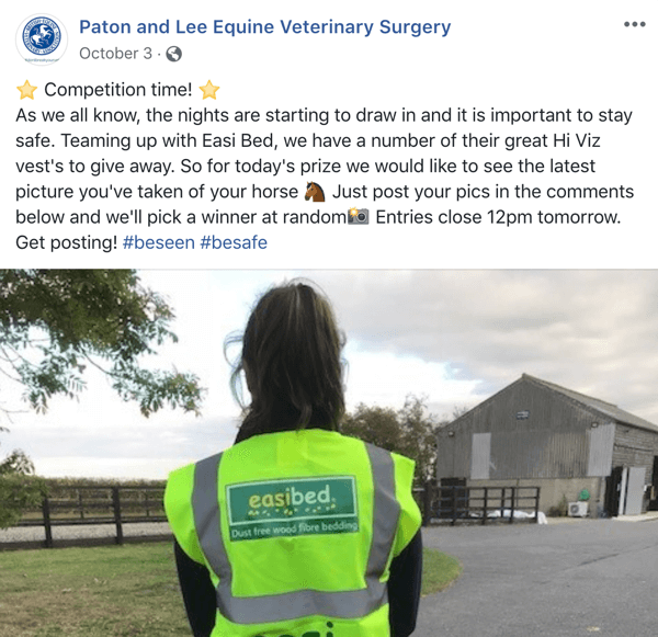 Voorbeeld van een Facebook-bericht met een wedstrijd van Paton en Lee Equine Veterinary Surger.