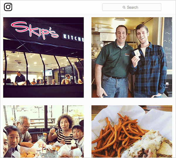 Dit is een screenshot van Instagram-foto's met de tag #skipsdiner. Eén toont de buitenkant van het restaurant, één toont een man die een kaart vasthoudt alsof hij het Joker-spel heeft gewonnen, één toont een gezin dat aan een tafel eet en één toont het eten dat iemand heeft besteld. Jay Baer zegt dat de Joker-game een voorbeeld is van een praattrigger.
