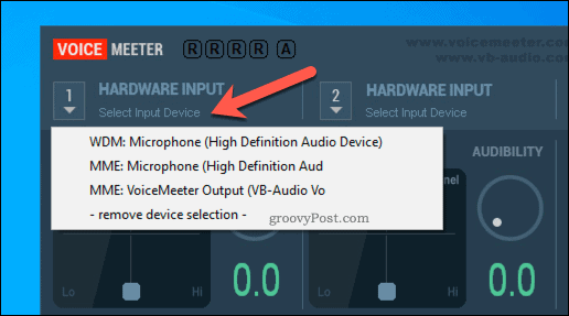 Een hardware-invoeroptie voor VoiceMeeter selecteren