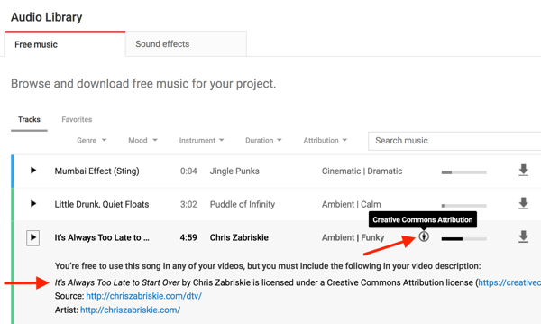 Bij muziekbestanden in de YouTube-audiobibliotheek wordt vermeld of je de oorspronkelijke maker moet vermelden.