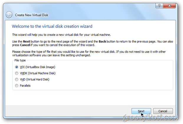 VirtualBox kiest het virtuele schijfschijfbeeldtype Windows 8