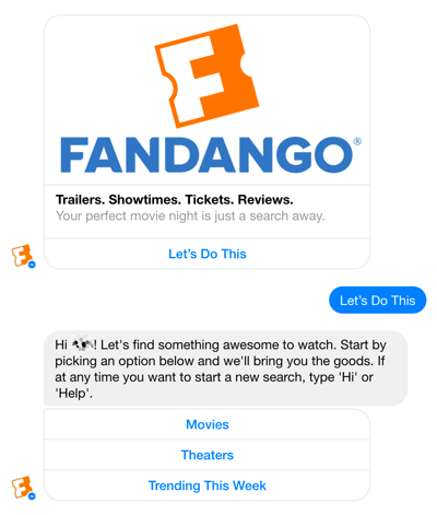 De Facebook Messenger-chatbot van Fandango helpt gebruikers bij het selecteren van films.