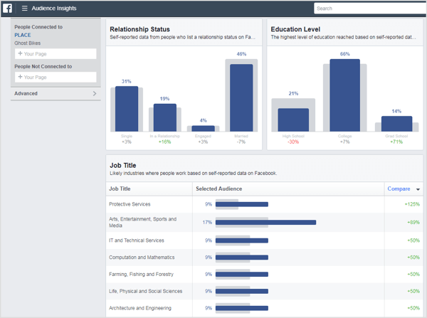 Audience Insights biedt een uitgebreid overzicht van meer persoonlijke statistieken, zoals relatiestatus, opleidingsniveau, functietitel, enzovoort.