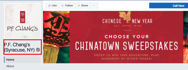 De locatie van PF Chang in Syracuse, NY heeft een grijze badge om aan te geven dat het een geverifieerde Facebook-pagina is.