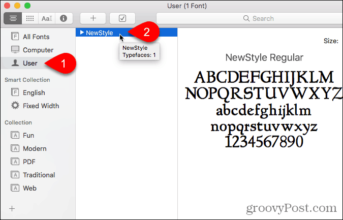 Lettertype in het gebruikersgedeelte in Lettertypeboek