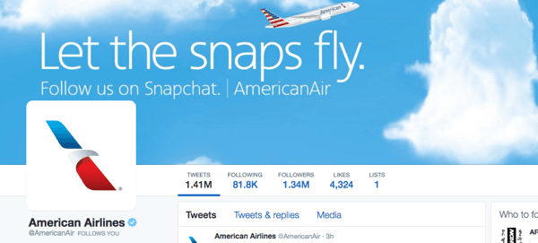 twitter afbeelding van amerikaanse luchtvaartmaatschappijen met snapchat