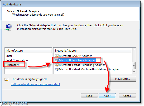 Windows 7-netwerkafbeelding Selecteer Microsoft> Microsoft Loopback-adapter