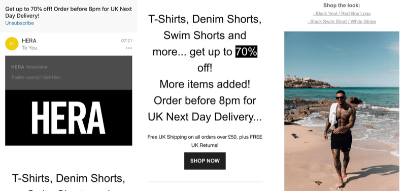 Marketingstrategie voor sociale media; Screenshot van een geweldige e-mailmarketingcampagne met flash-verkoop van Hera London (modemerk).