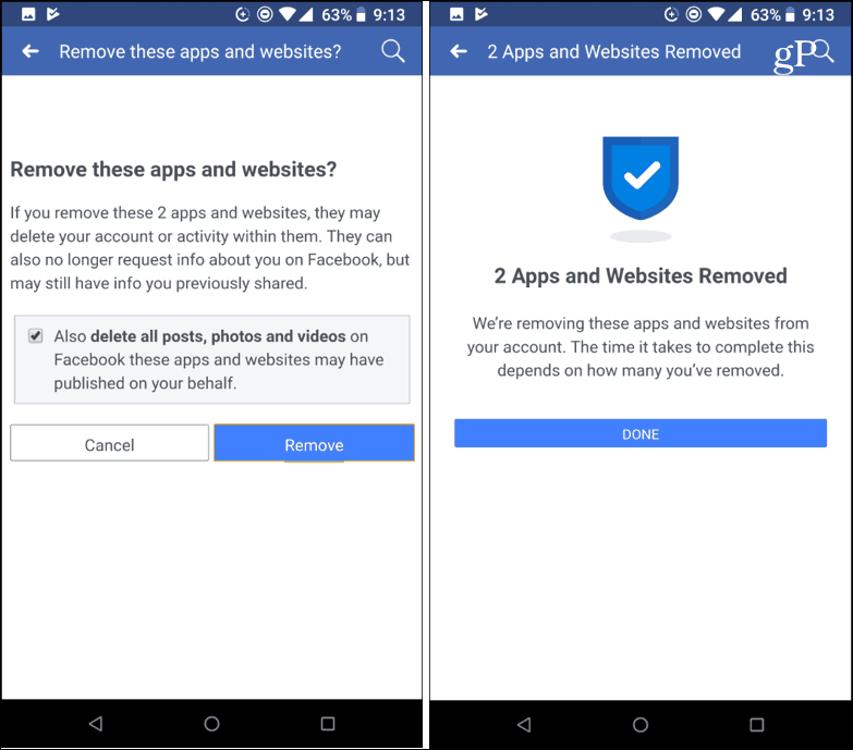 Bevestig verwijder apps van derden Facebook mobiel